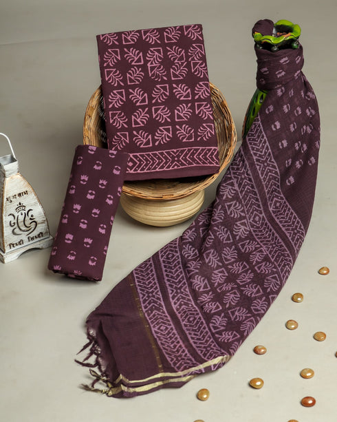 Elegant Hand Block print Cotton Suit set with Kota Doria Dupatta (3CKD62)